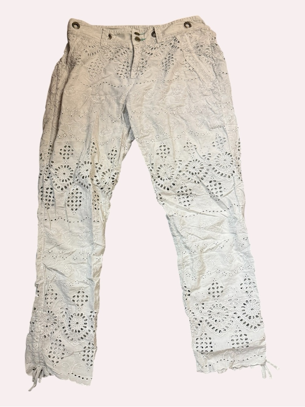Sundance Organia Lace Eyelet Cropped Pants Size 2 Ecru Off White Boho